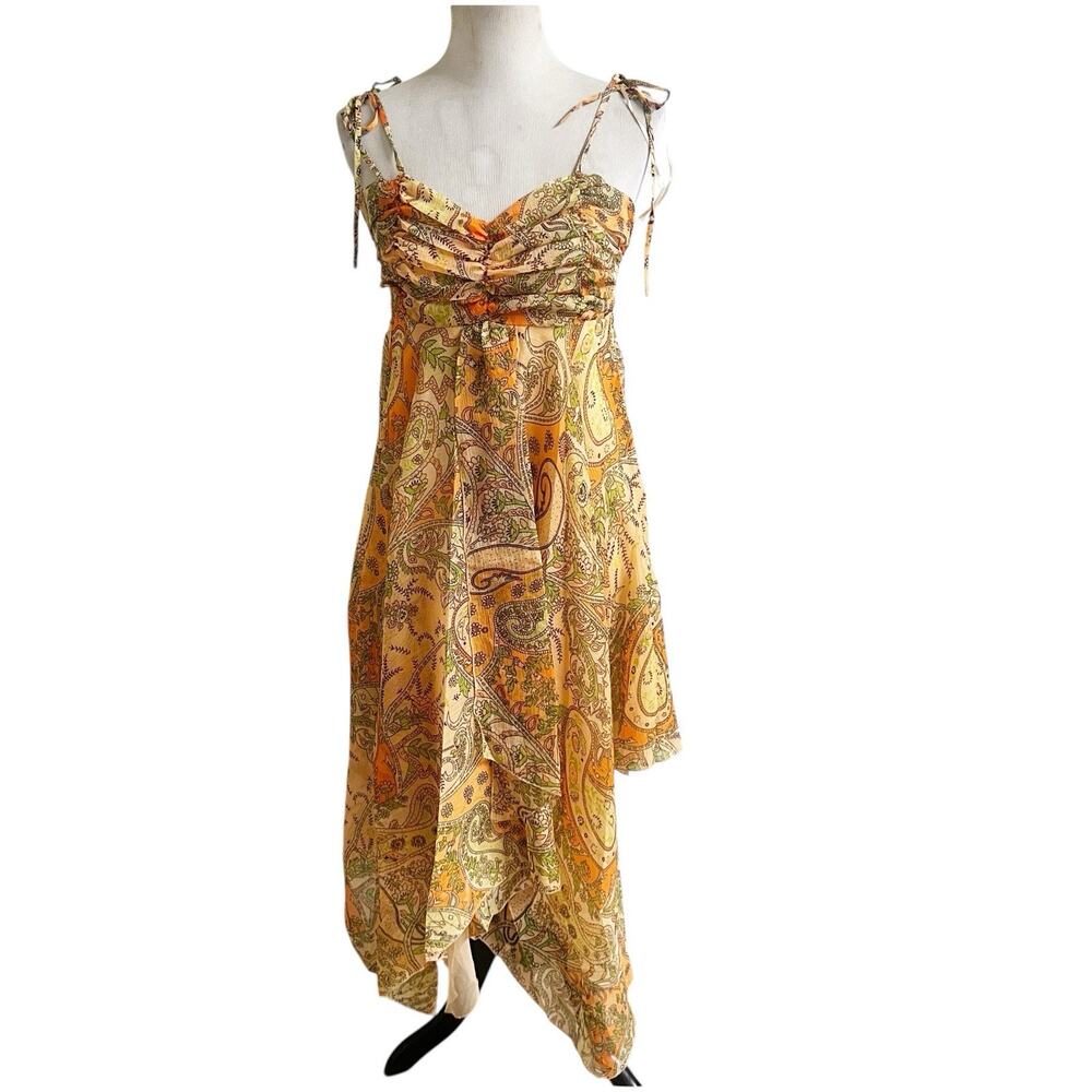 Chaudry KC Raga Fairy Whimsical Dress Sz Medium Asymmetrical Hem Peach Chiffon